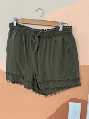 Olive Drawstring Fringe Hem Women's Shorts